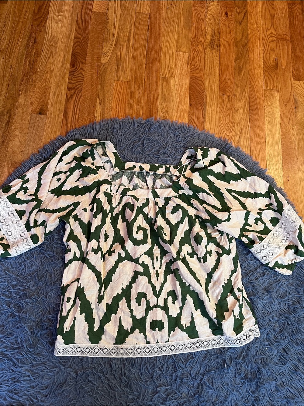 Rachel Zoe Green Cream Patterned Women's Peasant Linen Blouse Size 1X